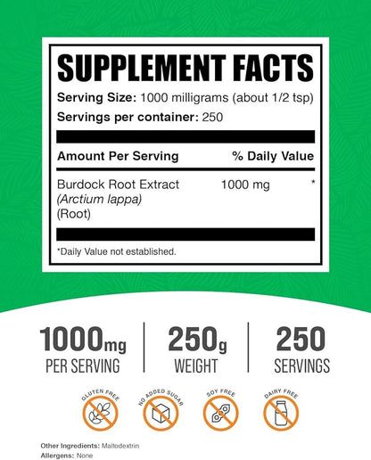 BulkSupplements.com Burdock Root Extract Powder - Burdock Root Powder, Herbal Supplement - Vegan & Gluten Free, 1g per Serving, 250g (8.8 oz) (Pack of 1)