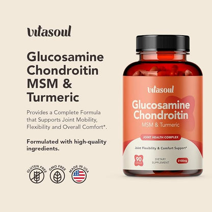 Glucosamine Chondroitin, Turmeric & MSM - Joint Support Supplement for Women & Men - Dietary Supplement - 90 Capsules