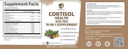 10-in-1 Cortisol Supplements with Magnesium, Ashwagandha, Chamomile, L-Theanine, Phosphatidylserine, St. John's Wort, Rhodiola, Vitamin C & D3, for Women Men, 240 Vegan Capsules for 4 Month, Non-GMO