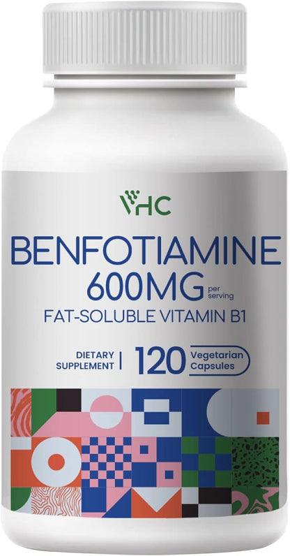 VHC Vitamin B1 Benfotiamine 600mg Supplement- 5X Time Fat-Soluble Thiamine Vitamin B1- Max Boost Bioavailable Thiamine B1 Levels-120 Veggie Capsules,Non-GMO, Soy Free- Made in USA