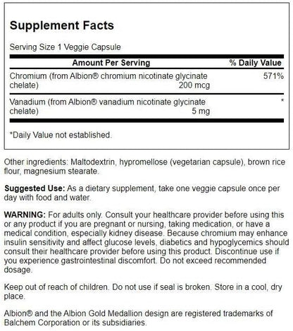 Swanson Albion Chelated Vanadium and Chromium 60 Veg Capsules
