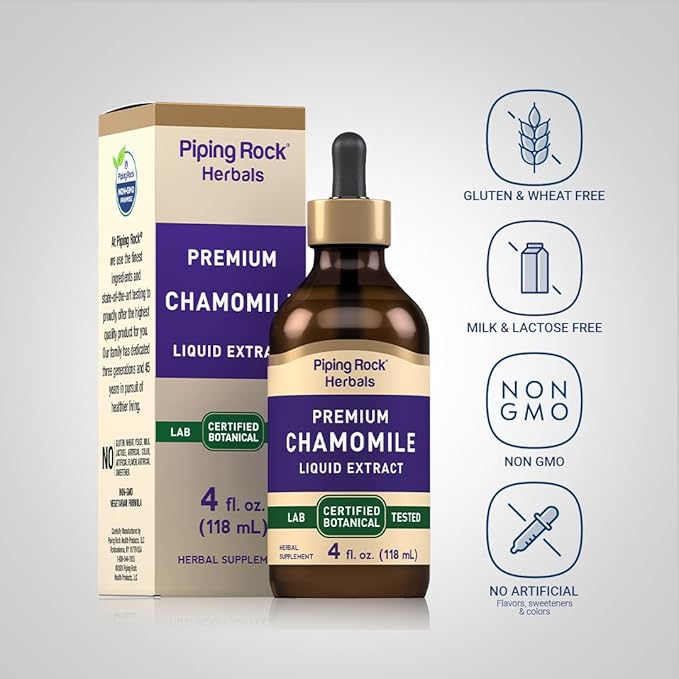 Piping Rock Chamomile Flower Extract Liquid | 4 fl oz | Alcohol Free Tincture | Certified Botanical | Vegetarian, Non-GMO, Gluten Free Supplement