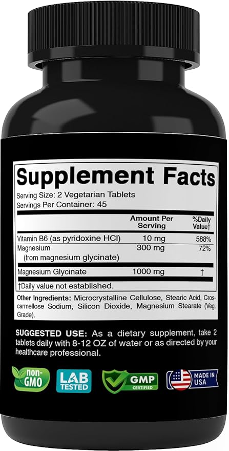 Magnesium Glycinate 10000 mg per Serving Providing 300mg of Elemental Magnesium - 90 Vegetarian Tablets - Chelated Form - Supports Muscle, Joint, and Heart Health*