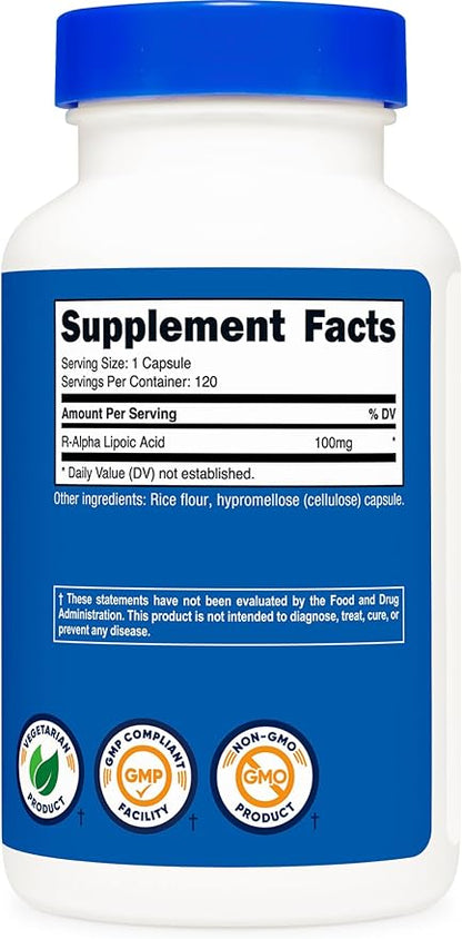 Nutricost R-Alpha Lipoic Acid 100mg, 120 Capsules - Veggie Capsules, Non-GMO, Gluten Free