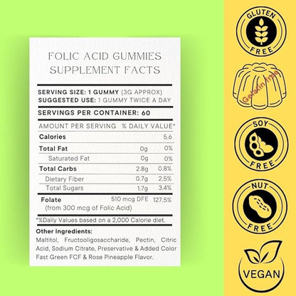 Folic Acid Gummies 300mcg, 60 Count, Supports Building Red Blood Cells, Vitamin B9 Gummies Vegetarian-B9 Vitamin Folic Acid
