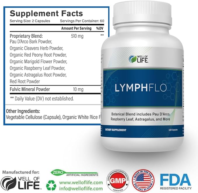 LymphFlo: Herbal Support for Detox, Immunity & Well-Being. Formulated with PAU d’Arco, Cleavers & Red Peony Root in 1100mg, 180 V-Capsules to Optimize Lymphatic Function, Enhance Vitality