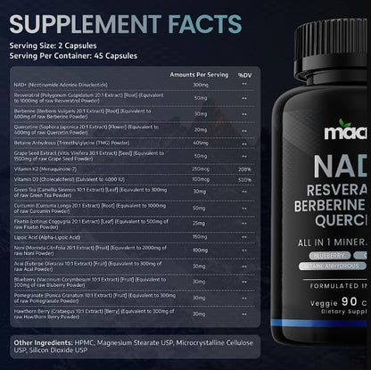 9,355mg NAD Supplement, Boost NAD+ up to 85% with Liposomal NAD+, Trans Resveratrol,Optimized Aging Quercetin, Berberine, Betaine Anhydrous, Fisetin,Resveratrol Supplement with Berberine 90 Capsules.