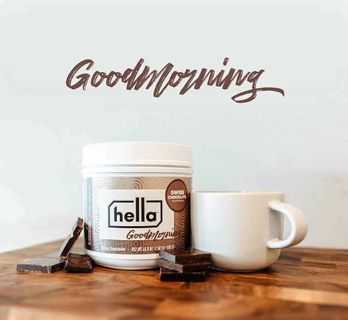 Hella Goodmorning Protein & Collagen Powder Supplement, Vitamins Minerals Electrolytes for Focus, Clarity and Energy - 80 Mg Organic Caffeine- Morning Wake Up Blend Swiss Chocolate Flavor 20 Servings