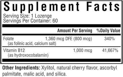 Seeking Health Hydroxo B12 with Folinic Acid, 1,000 mcg Vitamin B12 and 800 mcg DFE Folate Supplement, Supports Methylation and Homocysteine Levels, Energy Support, Vegan & Vegetarian (60 lozenges)*