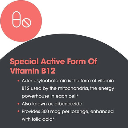 Allergy Research Group B12 Adenosylcobalamin Supplement - with Folic Acid, Vitamin B12 3000 mcg, Folate, Pure B12, Vegetarian Lozenges - 60 Count