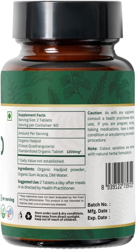 HADJOD - CISSUS 120 Tablets | Cissus Quadrangularis (Hadjod) | USDA Organic Certified | Organic and Natural 120tab - Pack of 2