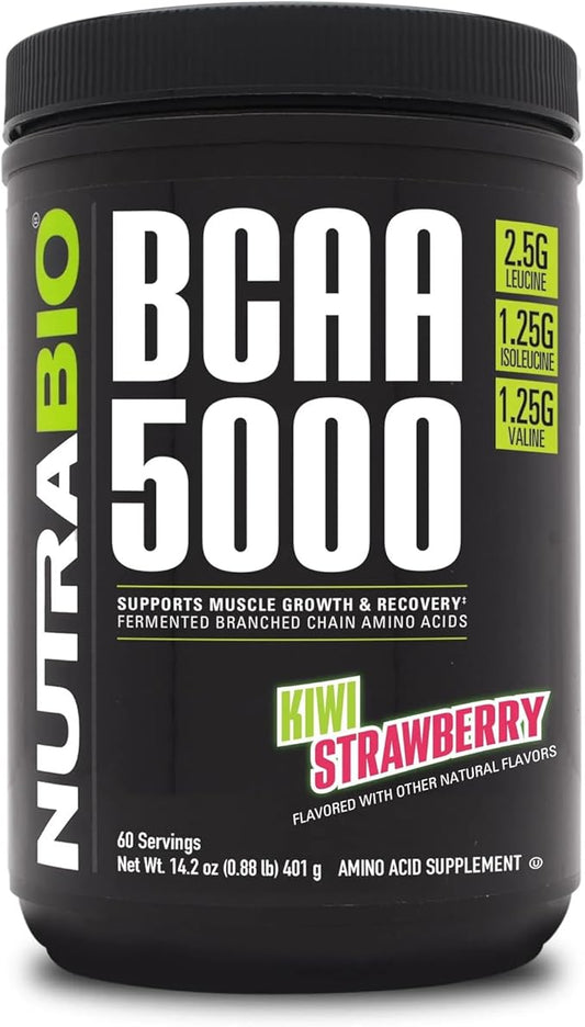 NutraBio BCAA 5000 Powder - Vegan Fermented BCAAs - Supports Lean Muscle Growth, Recovery, Endurance - 60 Servings - Kiwi Strawberry
