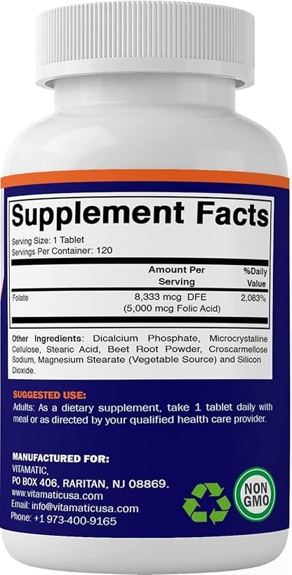 Vitamatic Folic Acid 5mg (5000 mcg) – 120 Vegetarian Tablets per Bottle | Pack of 2 (Total 240 Tablets) Vitamin B9 (Folate) | Supports Heart Health, Brain Function, and Prenatal Wellness