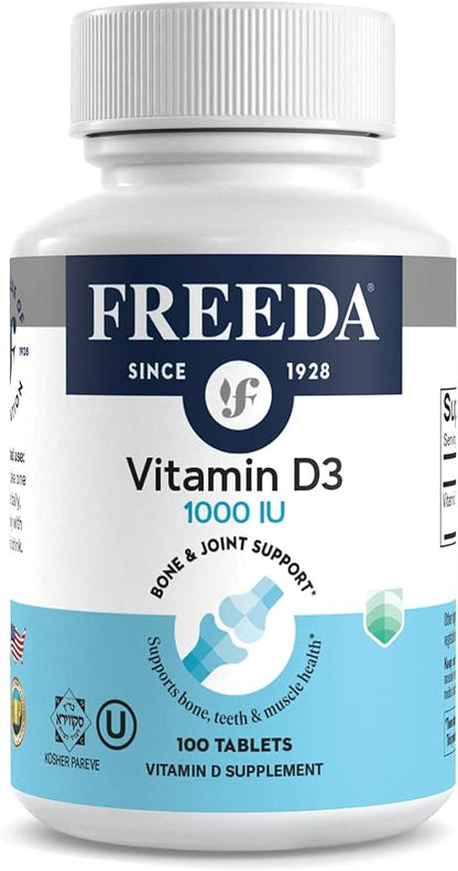 FREEDA Vitamin D3-1000 IU - Pure High Potency Kosher Supplement Tablets - Bone and Muscle Health, Calcium Absorption, Immune Support for Men and Women* - 100 Count