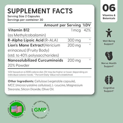 nooro Nerve Prime Supplement - R-Alpha Lipoic Acid, Lion’s Mane Mushroom, and Curcumin, Well-Being Support, Cognitive Function, Antioxidant Protection, 120-Day Supply (4 Pack)