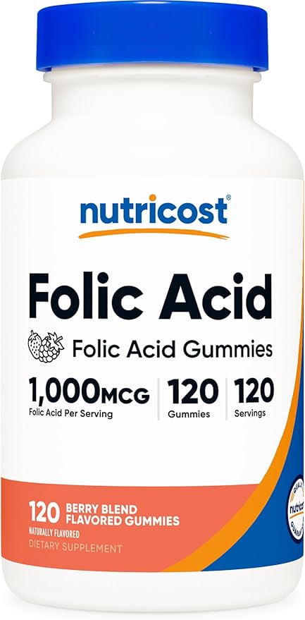 Nutricost Folic Acid (Vitamin B9) Vegetarian Gummies (120 Gummies, 1 mg Folic Acid Per Serving) - Supplement for Men & Women