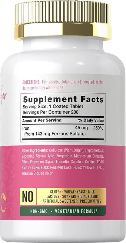 Carlyle Iron Supplement for Women | 45mg | 200 Slow Release Tablets | Vegetarian, Non-GMO, Gluten Free Pills | for Her