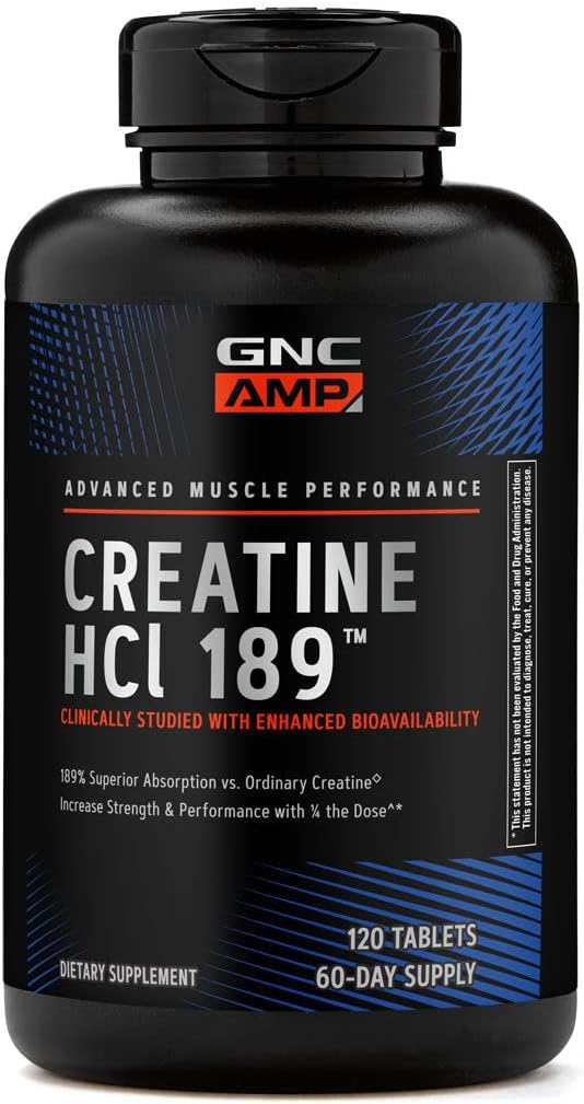 GNC AMP Creatine HCl 189 Pills, Clinically Proven Strength & Muscle Builder, Athletic Performance, Energy Production, Recovery Supplement, Fast Absorbing, Gluten Free Formula, 60 Servings