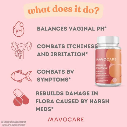 MavoCare Probiotic for Women – BV & Yeast Infection Support, pH Balance, Odor Relief, Gut Health – 30ct Vegan Capsules with Prebiotics, Calendula & Garlic for Vaginal Health and Digestion