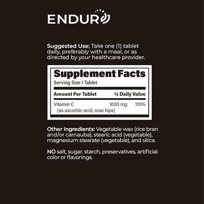 EndurC, Time Release Vitamin C Supplement Tablets for Optimal Absorption, Ascorbic Acid & Vitamin C with Rose HIPS, 1000mg, 60 Tablets