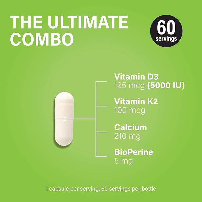 Noophoric D3 K2 Vitamin 5000 IU - Vitamin K2 100 mcg MK7, Calcium, BioPerine - Bone Health & Immune Support Supplement - Gluten-Free, Non-GMO - Vitamin D3 K2 Supplement (60 Servings)