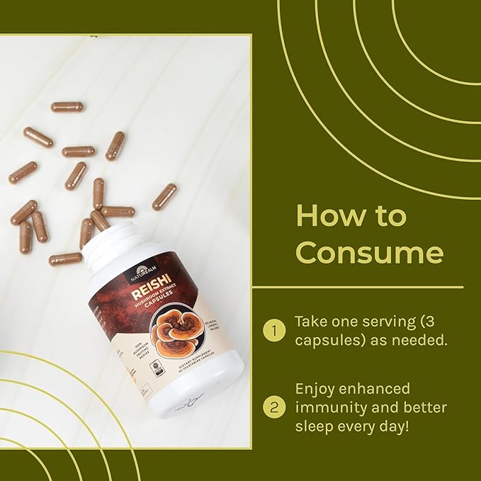 Naturealm Reishi Mushroom Supplement - Organic Reishi Mushroom Extract Capsules for Wellness & Cognitive Support - 90 Vegetarian Capsules with Red Reishi Mushrooms