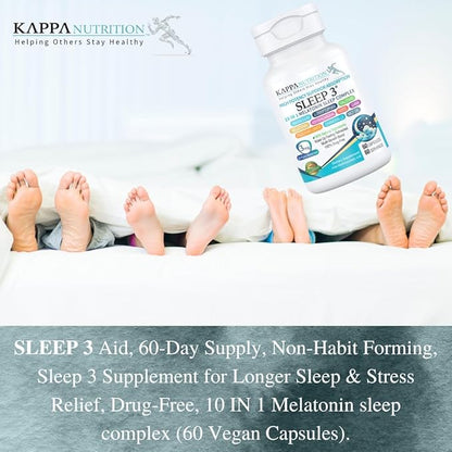 KAPPA NUTRITION Sleep 3, Sleep Aid, 3mg of Melatonin, 60-Day Supply, Non-Habit Forming Vegan Capsules Natural Ingredients for Easier Bedtime, Herbal Supplement, Valerian Root, Chamomile Non-GMO