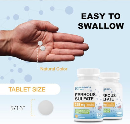 Puregen Labs Ferrous Sulfate 325 mg (65 mg Elemental Iron) High Potency Iron Supplement | No Artificial Color Additives - 200 Tablets Made in USA