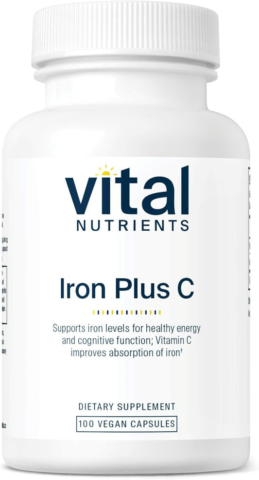 Vital Nutrients Iron Plus C | Vegan Iron Supplement | 20mg Iron with 200mg Vitamin C to Increase Iron and Energy Levels | Gluten, Dairy, Soy Free | Non-GMO | 100 Capsules