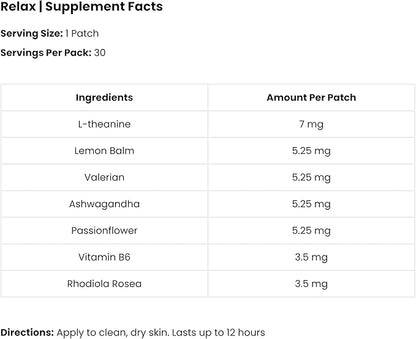 Relax Patches - 30 Topical Stress Relief Patches with Ashwagandha, L-theanine, Lemon Balm, Valerian, Passionflower, Vitamin B6, Rhodiola Rosea | Calming, Relieving, Relaxing