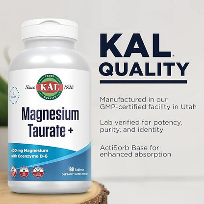 KAL Magnesium Taurate 400mg Plus CoEnzyme Vitamin B6, Chelated Magnesium Supplement, Muscle Function, Gluten Free, Vegan, 90 Serv, 180 Tablets