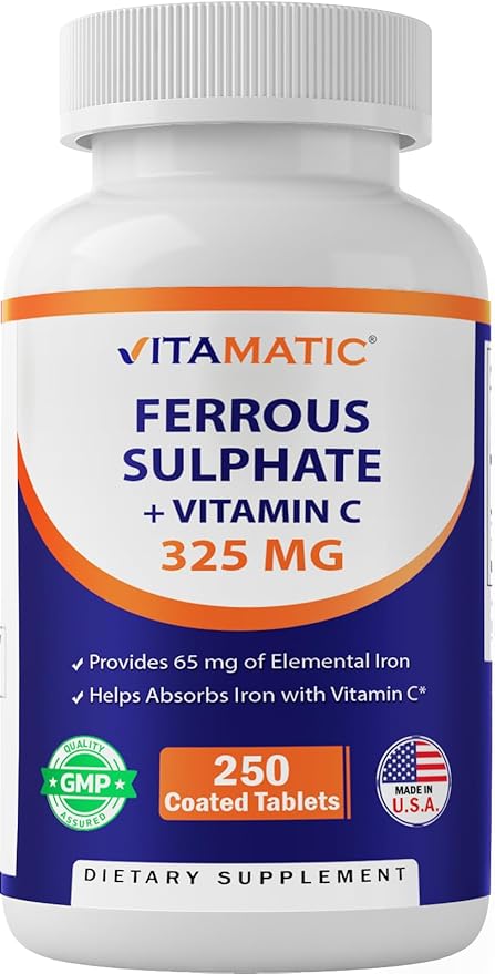 Vitamatic Ferrous Sulfate 325 mg with Vitamin C 100 mg (65 mg Elemental Iron) – High Potency Iron Supplement – No Artificial Colors – 250 Coated Tablets, Made in USA
