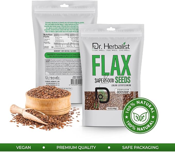 Dr. HERBALIST Flax Seeds 400g,Linum Usitatissimum,Alsi Seeds,Super Food, Essential Omega Fatty Acids, High in Plant-Based Protein, and Fiber, for Smoothies, Baking, for Easy Digestion and Absorption