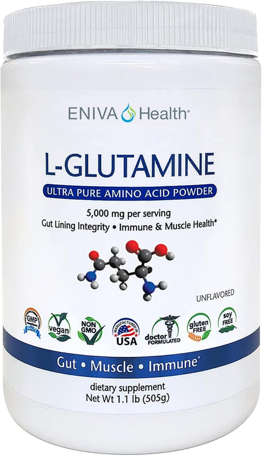 Eniva Health L-Glutamine Pure Powder, Unflavored (101 Servings) | Vegan, Gluten-Free, Sugar-Free, Non-GMO | Doctor-Formulated, USA Made | Gut Health, Leaky Gut, Bloating, Muscle Health, Immune System