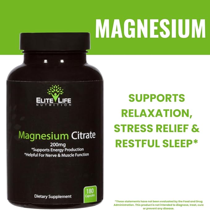Magnesium Citrate 200mg - Pure, High-Potency, Bioavailable, and Natural Magnesium - Optimum for Stress Relief, Sleep, Relaxation, Constipation, and Brain Support Now - with 180 Capsules