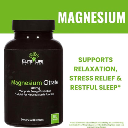 Magnesium Citrate 200mg - Pure, High-Potency, Bioavailable, and Natural Magnesium - Optimum for Stress Relief, Sleep, Relaxation, Constipation, and Brain Support Now - with 180 Capsules