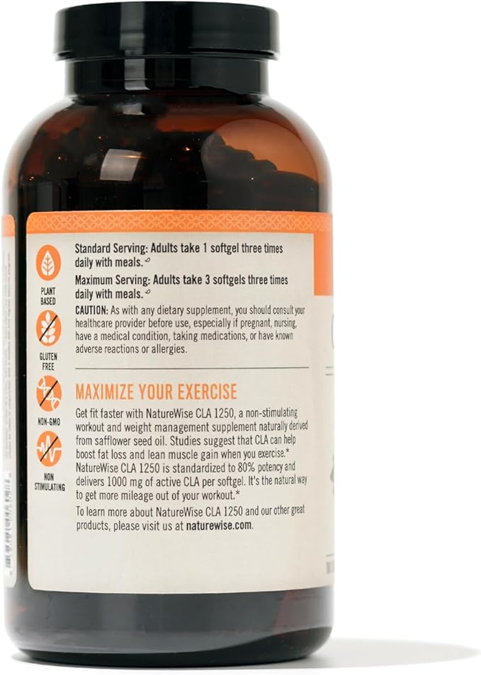 NatureWise CLA 1250 - Conjugated Linoleic Acid Supplement for Women and Men, Not Stimulating, Supports Healthy Weight, Fitness Goals - Non-GMO, Gluten Free - 180 Softgels[2-Month Supply]