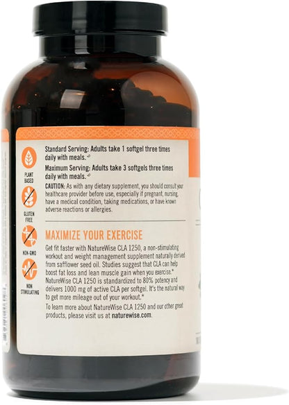 NatureWise CLA 1250 - Conjugated Linoleic Acid Supplement for Women and Men, Not Stimulating, Supports Healthy Weight, Fitness Goals - Non-GMO, Gluten Free - 180 Softgels[2-Month Supply]