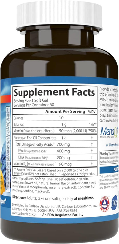 Carlson - Elite Omega-3 Plus D & K, 700 mg Omega-3s + D3 & K2, Function, Bone Health & Immune Support, Lemon, 60 Softgels