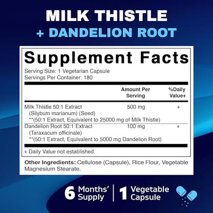 Vitamatic Milk Thistle 50:1 Extract 500mg, Dandelion Root 50:1 Extract 100mg, 180 Vegetarian Capsules, Non-GMO, Gluten Free