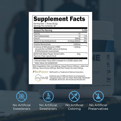 Transparent Labs Creatine HMB - Creatine Monohydrate Powder with HMB for Muscle Growth, Increased Strength, Enhanced Energy Output, and Improved Athletic Performance - 30 Servings, Strawberry Lemonade