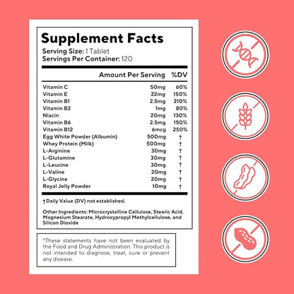 Albumin Supplement with Vitamin B Complex, Amino Acids, Egg White & Whey Protein Powder - Energy, Stamina, Immune, Wellness Support - 120 Tablets, Non-GMO, Gluten-Free