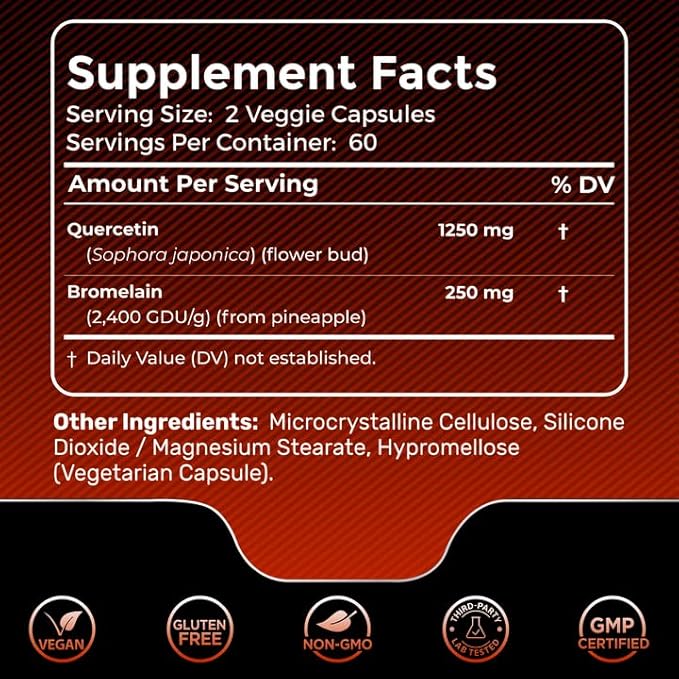 Quercetin with Bromelain Supplement - 1500mg - Immune Support and Heart Health Capsules For Men and Women, Quercetin Supplements Helps Support Joint & Healthy Respiratory System - 120 Count (2 Pack)