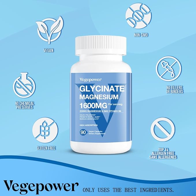 Magnesium Glycinate Supplements 1600mg - with Vitamin B6 & Zinc, Vitamin D3, Vegan Bisglycinate Magnesium for Sleep, Muscle, Bone Health, High Absorption, Gentle On Stomach, Non-GMO, 180 Caps