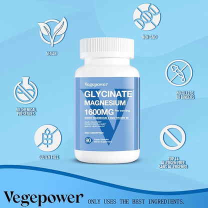 Magnesium Glycinate Supplements 1600mg - with Vitamin B6 & Zinc, Vitamin D3, Vegan Bisglycinate Magnesium for Sleep, Muscle, Bone Health, High Absorption, Gentle On Stomach, Non-GMO, 180 Caps