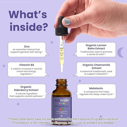 TruHeight Kids Sleep Tincture Ages 2+ (Watermelon Flavor) - Babies, Toddlers & Kids Natural Sleep Aid - Baby, Toddler, Child Melatonin 2 Year Old+ - Vitamin B6, Riboflavin, Zinc, Copper, Lemon Balm