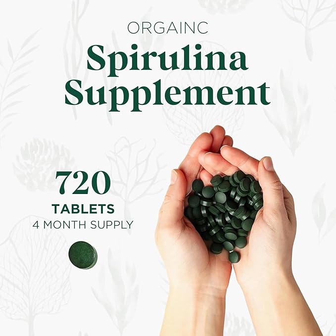 Organic Spirulina Tablets, Premium Spirulina Supplement, Rich in Prebiotics, Protein & Antioxidants | 3000 mg Per Serving, 720 Tablets