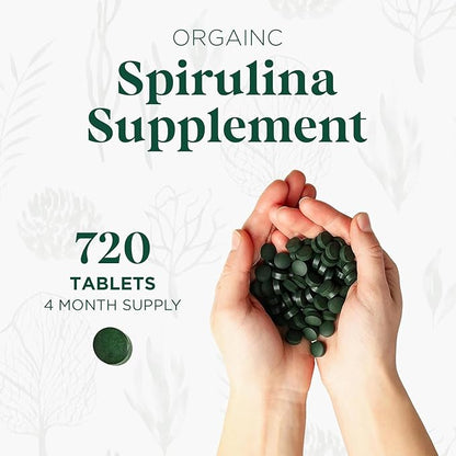 Organic Spirulina Tablets, Premium Spirulina Supplement, Rich in Prebiotics, Protein & Antioxidants | 3000 mg Per Serving, 720 Tablets