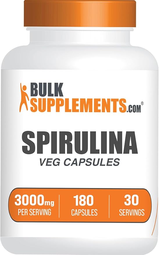 BulkSupplements.com Spirulina Capsules - Green Superfood Supplement, Spirulina 3000mg, Spirulina Supplement - Vegan, 6 Capsules per Serving, 180 Veg Capsules (Pack of 1)
