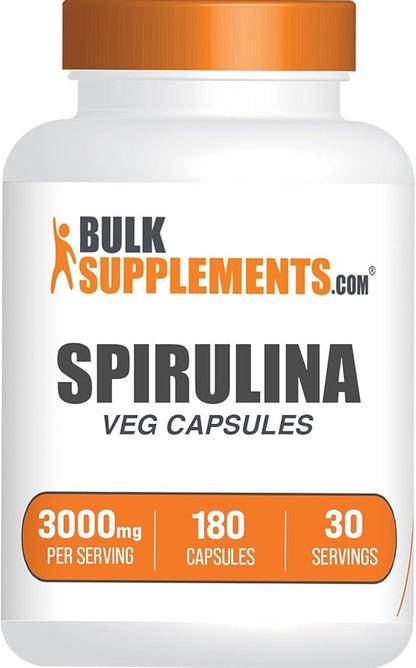 BulkSupplements.com Spirulina Capsules - Green Superfood Supplement, Spirulina 3000mg, Spirulina Supplement - Vegan, 6 Capsules per Serving, 180 Veg Capsules (Pack of 1)